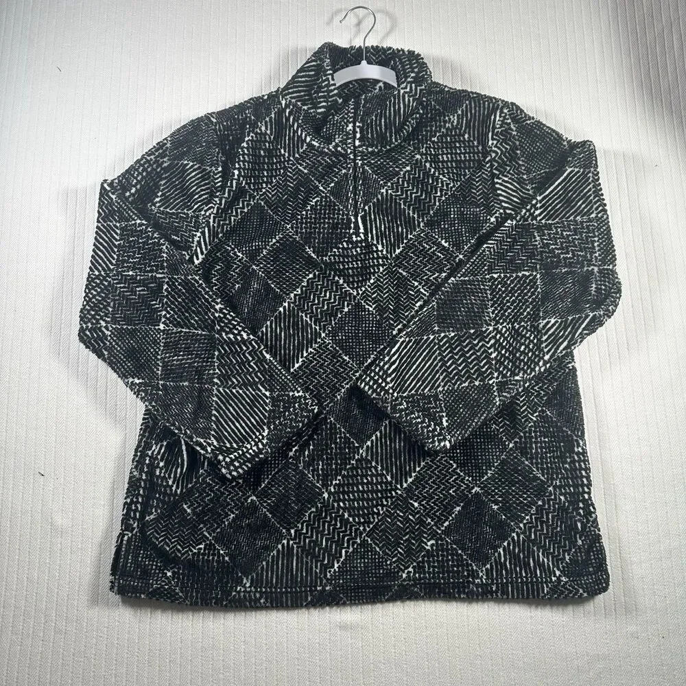 TALBOTS Black White Diamond Patterned Half Zip Pullover Fleece Sweatshirt XL NWT